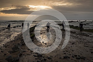 Několik fotografové fotografie na skalnatý pláž na západ slunce 