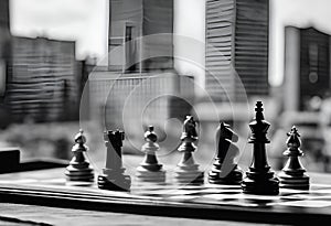 several pieces are sitting on a chess board with city in the background