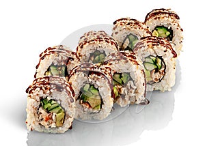 Several pieces of sushi roll california