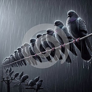 Several pigeons sitting on telegraph wire, in torrential rain