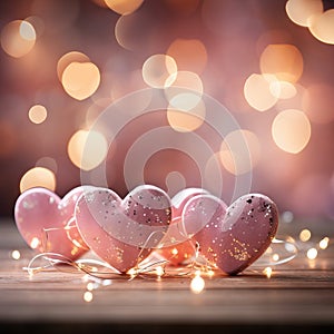 Several pink heart shapes on abstract light glitter background, love concept for Valentines day