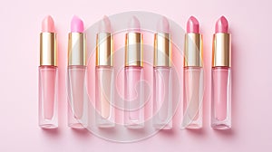 Pink Lip Gloss Tubes on Blush Background. Perfect for Beauty Product and Skincare Flat lays. Generated Using AI photo