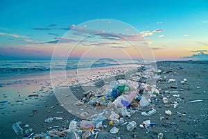 Several plastic bottles on the beach sand, pollution to the environment. Generative AI