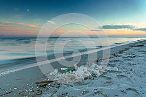 Several plastic bottles on the beach sand, pollution to the environment. Generative AI