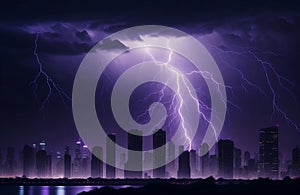 several in purple lightning strikes during a strong thunderstorm over the city