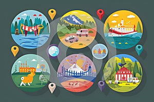 Several pushpins illustrate diverse destinations and adventures in travel