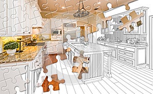 Puzzle Pieces Fitting Together Revealing Finished Kitchen Build Over Drawing