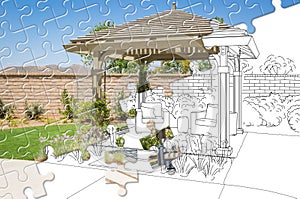 Puzzle Pieces Fitting Together Revealing Finished Pergola Gazebo Build Over Drawing photo