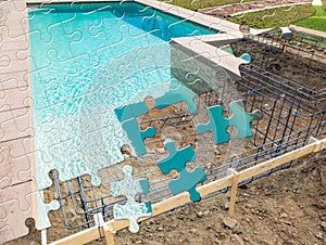 Puzzle Pieces Fitting Together Revealing Finished Pool Build Over Construction photo