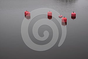 Several red buoys in the sea calm water. No people view