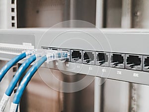 Several RJ45 Ethernet cables plugged into a switch inside a server rack of a company to link computer together into a network.