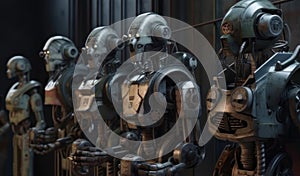Several robots stand in a row. AI generative