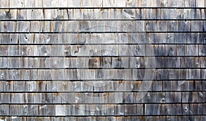 Several rows of weathered gray cedar shingles in morning light wide view