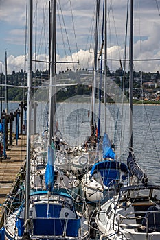 Sailboats moored by the pier in White Rock, BC