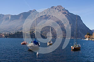 Several sailing yachts wintering in the lake Como Lecco, Italy