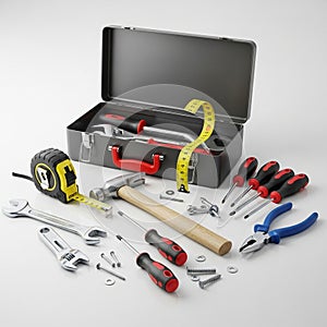 Several screws, nuts, and bolts are scattered among the tools