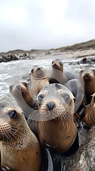 Several sea lions grouped together on the edge of the ocean
