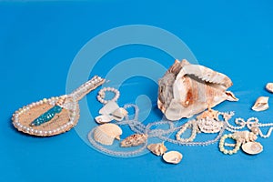 Several sea shells, necklaces and mirror scattered on the blue studio floor