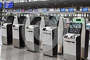 Several self-service check-in automats at the Frankfurt International Airport