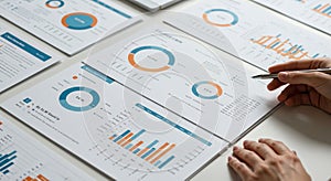Several sheets of paper displaying various data visualizations, including pie charts,