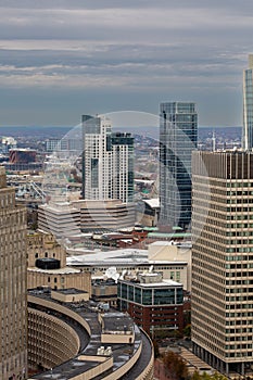 several skyscrapers of various sizes in a city with sky scrapers