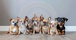 Several small dogs sit in row against grey wall background displaying variety of coat colors