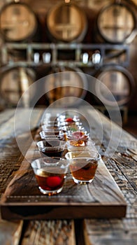 Row of Glasses Filled With Liquid on Wooden Table photo