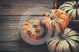 Several small pumpkins on a wooden board