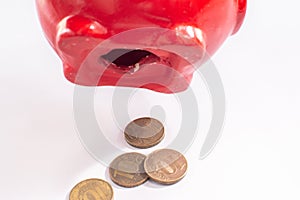 Several small Russian coins fell out of an open piggy bank. The concept of impoverishment of citizens, the decline of