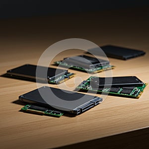 Several solid-state drives (SSDs) are arranged on a wooden surface. Each SSD