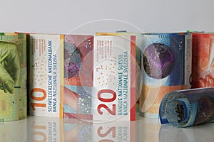 Several Swiss banknotes side by side
