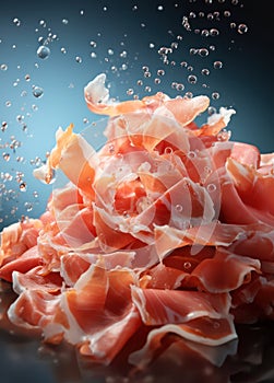 several thinly sliced sirloin pieces, levitated against a dark background