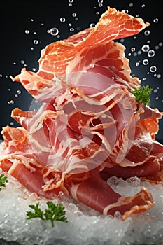 several thinly sliced sirloin pieces, levitated against a dark background