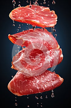 several thinly sliced sirloin pieces, levitated against a dark background