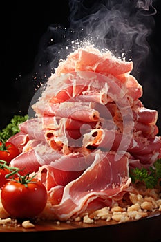 several thinly sliced sirloin pieces, levitated against a dark background