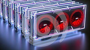 Several three-dimensional video cards in neon light on a black background. mining farm concept. 3d render illustration