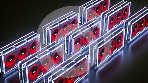 Several three-dimensional video cards in neon light on a black background. mining farm concept. 3d render illustration