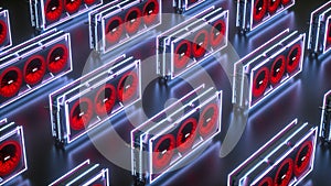 Several three-dimensional video cards in neon light on a black background. mining farm concept. 3d render illustration