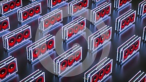 Several three-dimensional video cards in neon light on a black background. mining farm concept. 3d render illustration