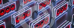 Several three-dimensional video cards in neon light on a black background. mining farm concept. 3d render illustration