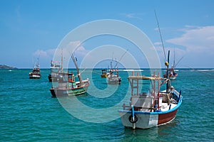 Several traditional local boats to catch fish in Weligama Bay.