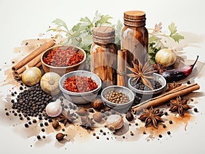 Several types of spices on the table.