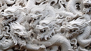 Several white dragon sculptures, portraying reverence and awe.AI Generated