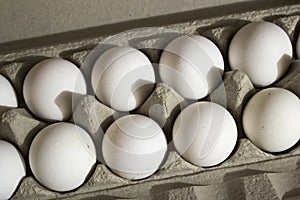 Several white eggs in an egg carton