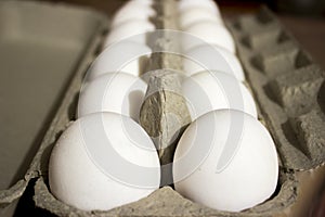 Several white eggs in an egg carton