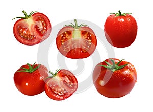 Several whole tomato in drops of water and slices isolated on a white background. Several summer vegetables for packaging design