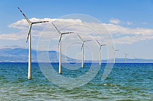Several wind sea offshore turbine for green alternative sustainable electricity