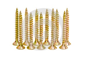 Several wood screws with countersunk head on light backgroundS
