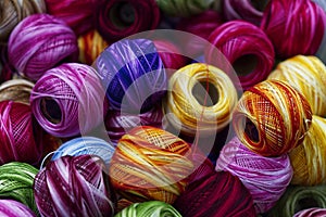 Several yarn bobbins of embroidery thread of different colors