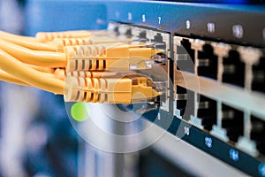 Several yellow network wires connect to switching hub interfaces. Utp wires are in the office router close-up. Internet cable is